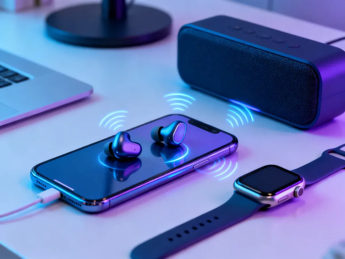 Smartfon połączony bezprzewodowo ze słuchawkami, głośnikiem i smartwatchem