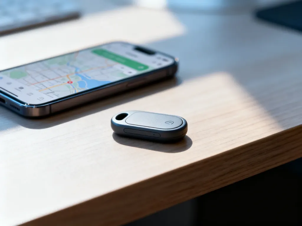 Elegancki lokalizator Bluetooth na drewnianym biurku, a w tle smartfon z mapą wskazującą lokalizację urządzenia.