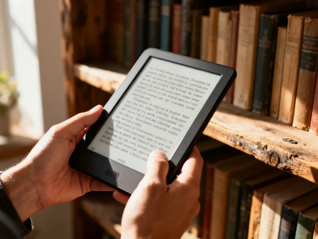 Nowoczesny czytnik e-booków z wyraźnym tekstem na ekranie E-ink, trzymany w dłoniach w przytulnym, domowym otoczeniu.