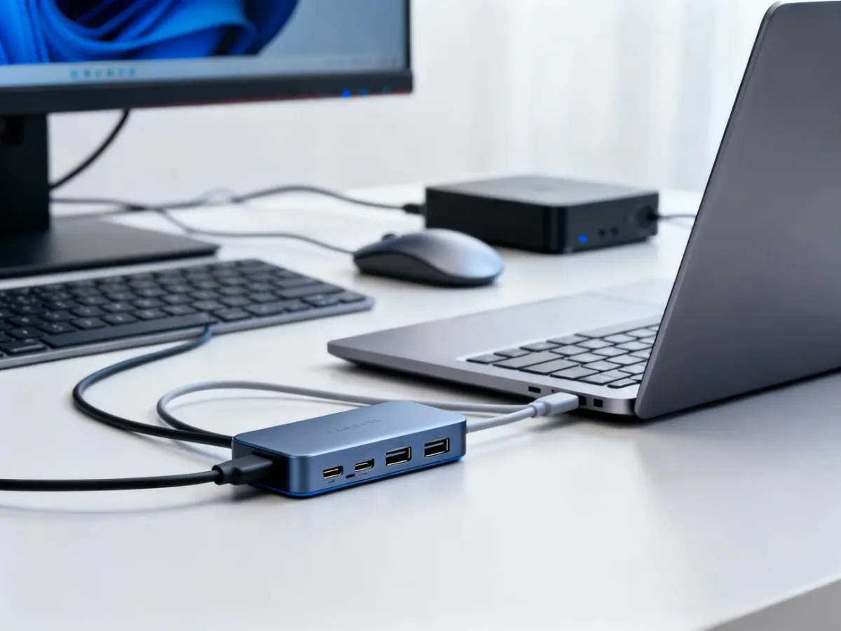 Hub USB-C podłączony do laptopa i kilku akcesoriów