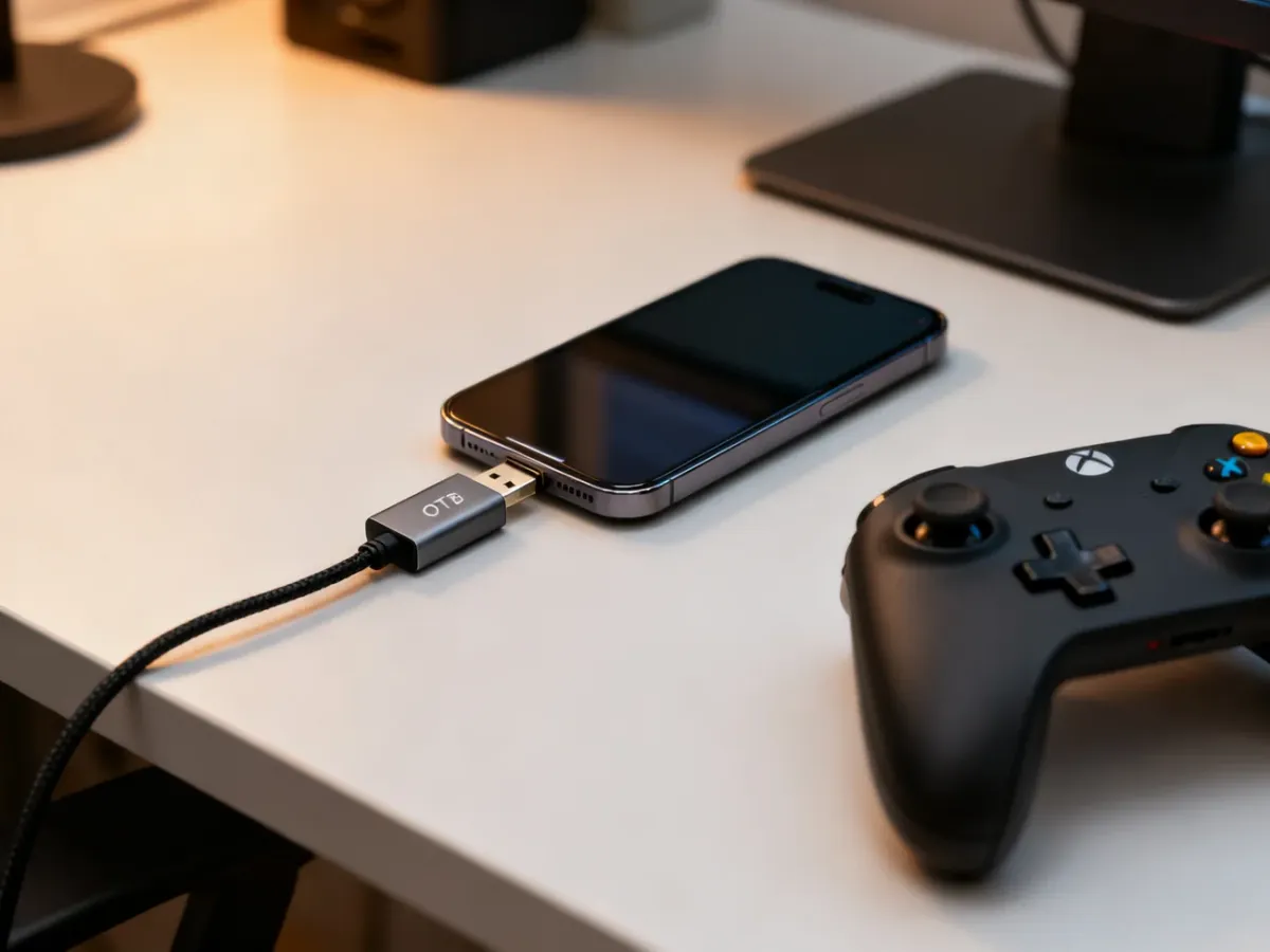 Smartphone connected to a wired controller through a USB OTG adapter