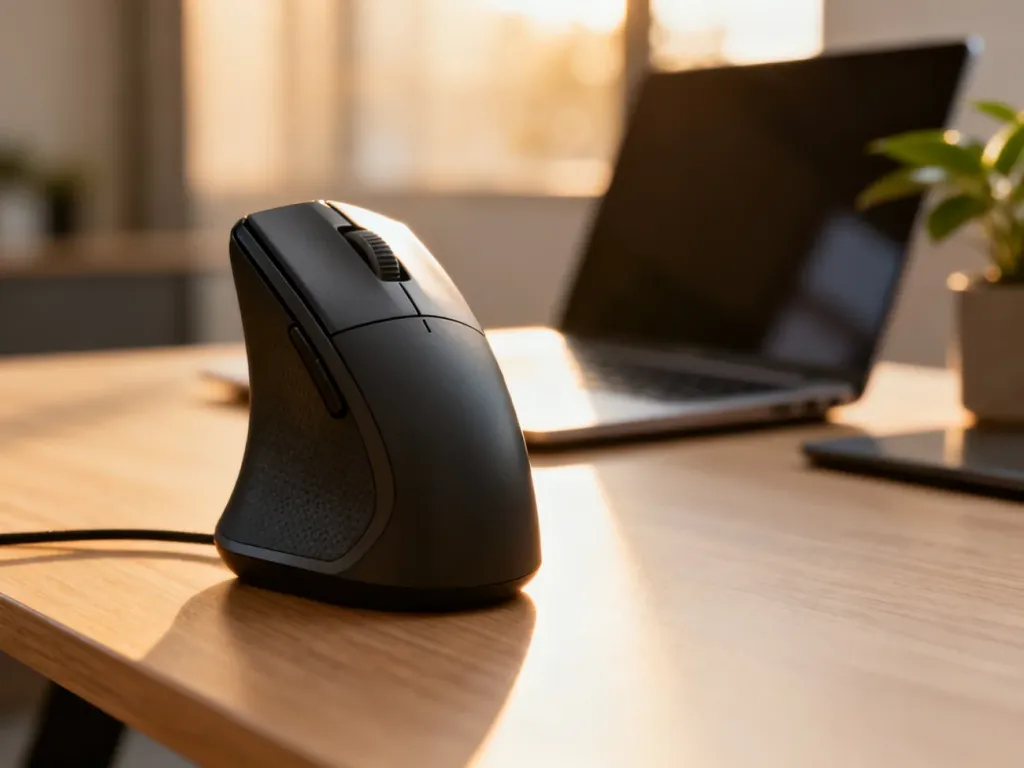 Ergonomiczna myszka pionowa na drewnianym biurku, prezentująca nowoczesny design wspierający zdrowie nadgarstka.