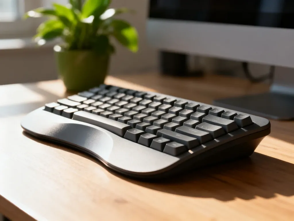 Nowoczesna klawiatura ergonomiczna o dzielonej konstrukcji na drewnianym biurku w minimalistycznym domowym biurze.