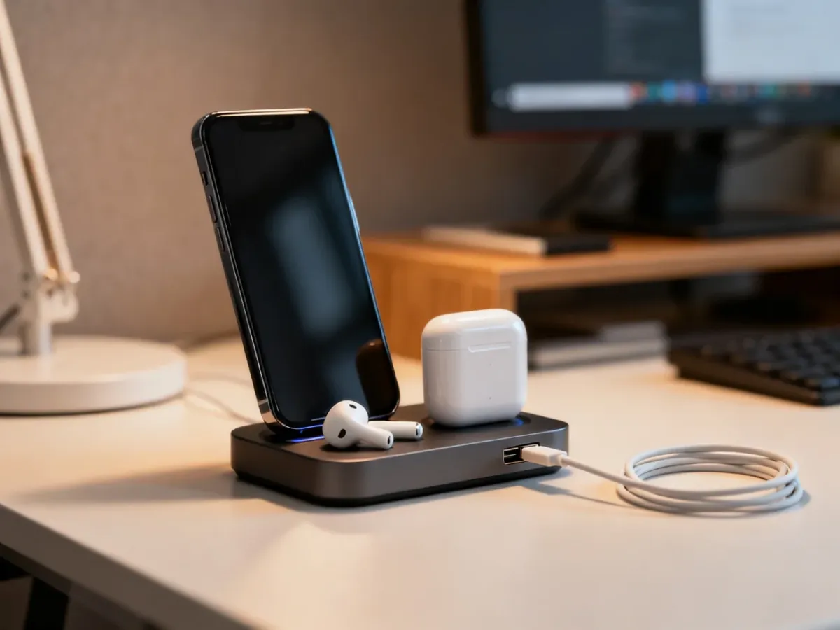 Telefon i słuchawki na uporządkowanej stacji ładującej USB-C