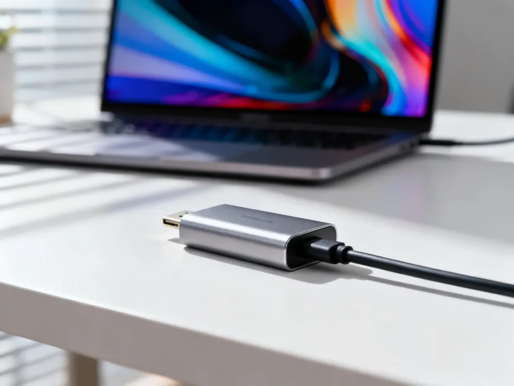 Adapter USB-C na HDMI leżący na minimalistycznym biurku, gotowy do podłączenia laptopa z zewnętrznym monitorem.