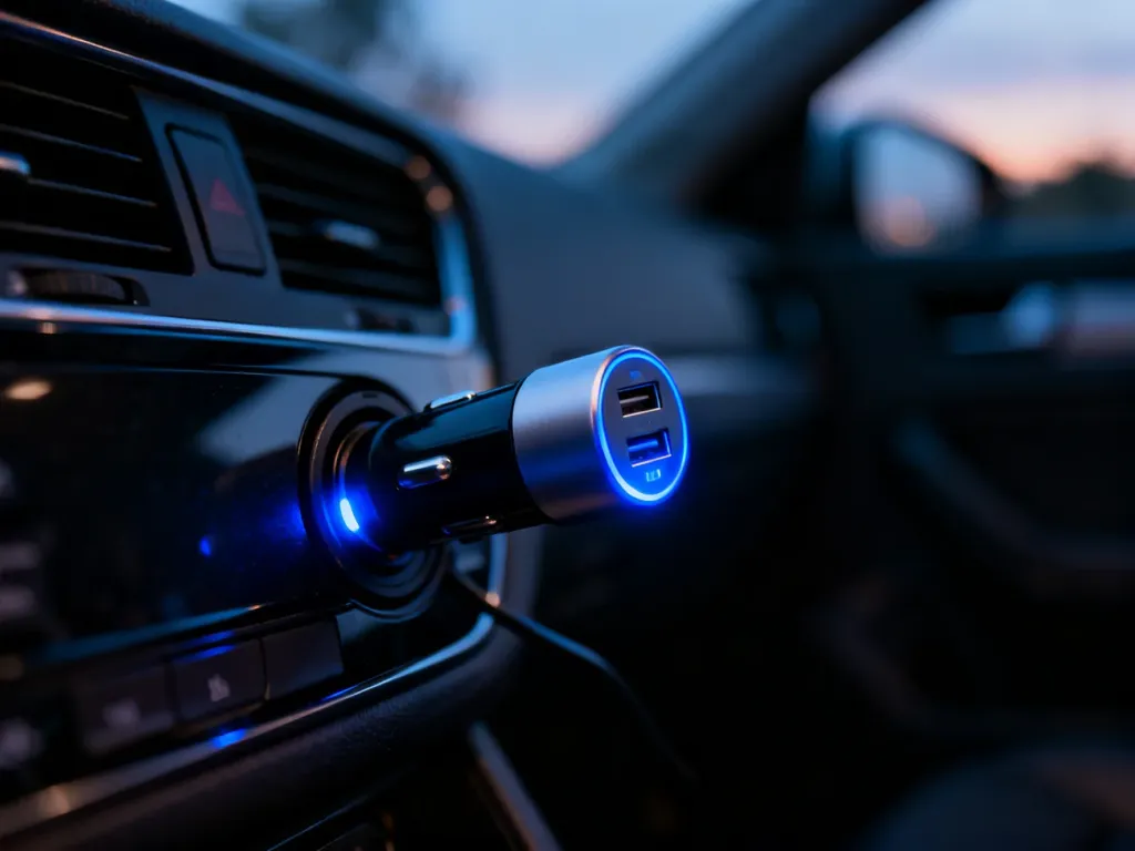 Nowoczesna ładowarka samochodowa USB z podświetlanym wskaźnikiem LED wpięta w gniazdo zapalniczki wewnątrz pojazdu.