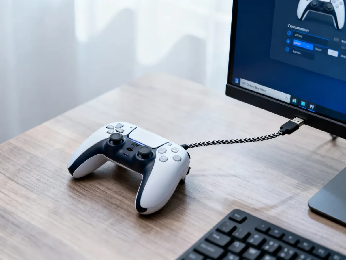Kontroler DualSense podłączony do komputera przewodem USB-C