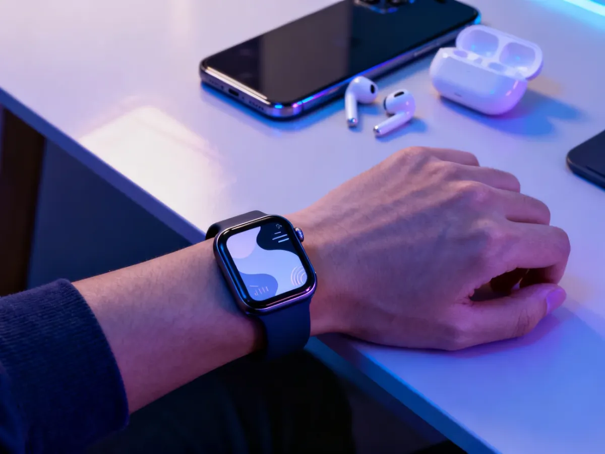 Nowoczesny smartwatch na nadgarstku obok smartfona i słuchawek bezprzewodowych