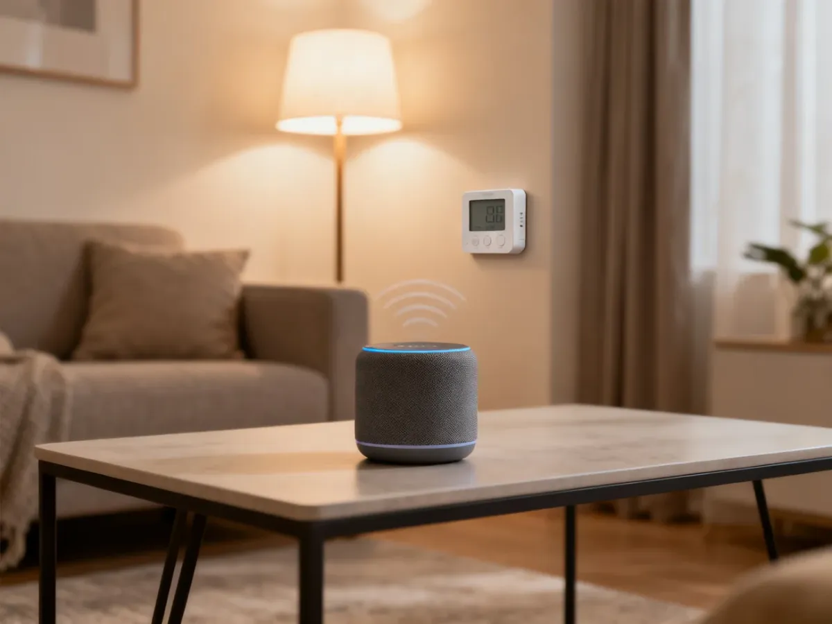 Inteligentny głośnik w salonie połączony z urządzeniami smart home