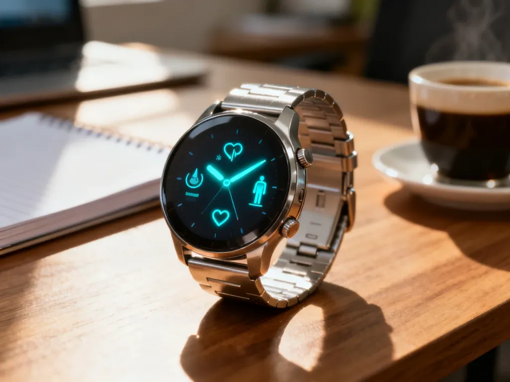 Nowoczesny smartwatch z włączonym interfejsem monitorowania zdrowia, spoczywający na drewnianym biurku w domowym biurze.