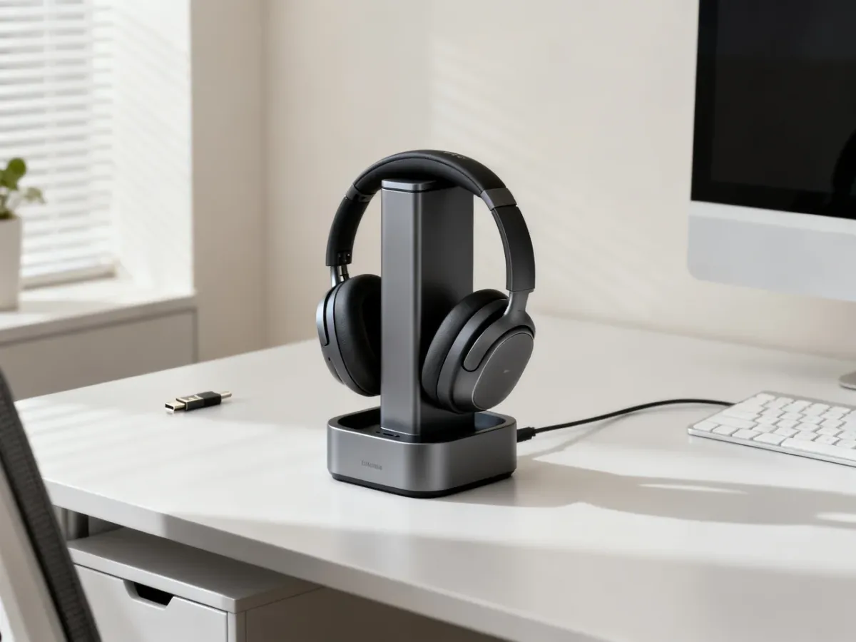 Słuchawki biurowe umieszczone w dedykowanej stacji ładującej USB-C
