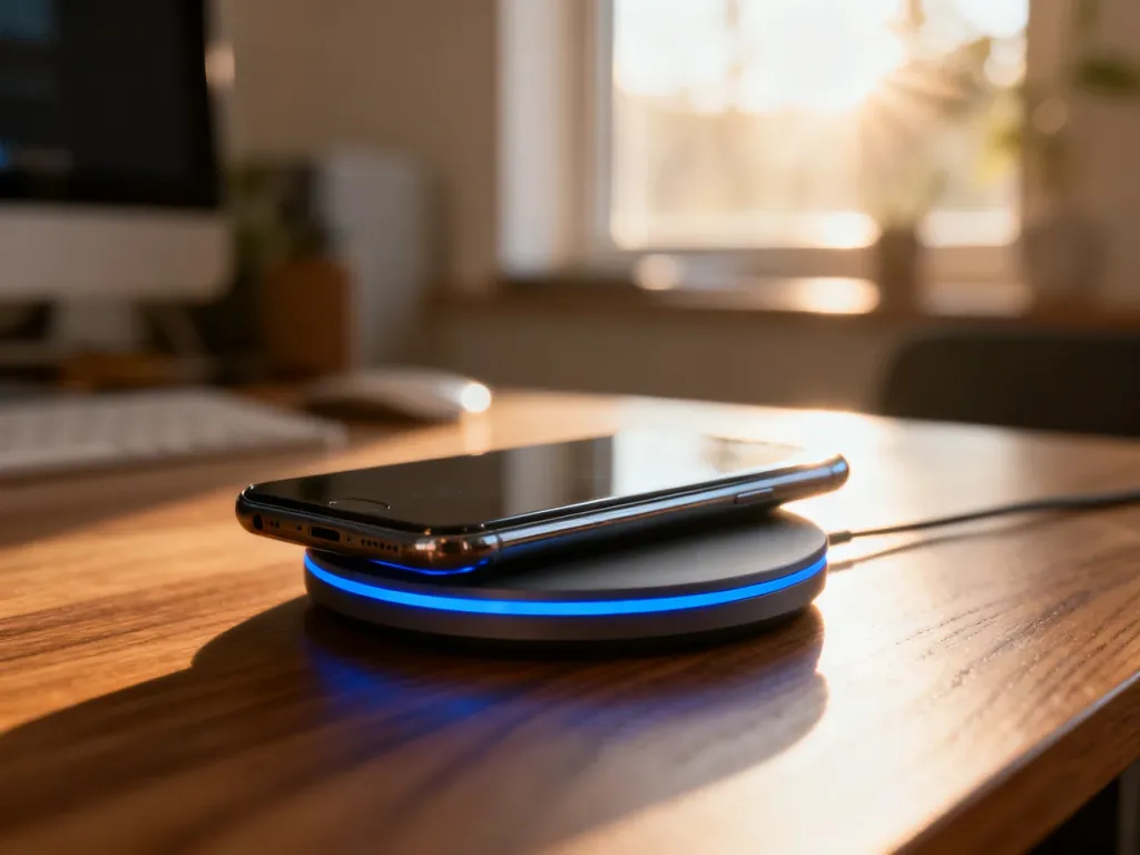Nowoczesny smartfon leżący na okrągłej ładowarce indukcyjnej z włączonym niebieskim podświetleniem sygnalizującym ładowanie.