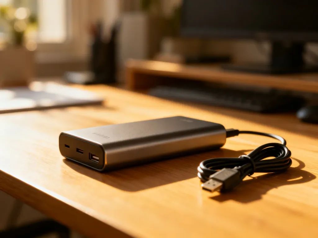 Nowoczesny powerbank z kablem na drewnianym biurku w przytulnym domowym biurze.
