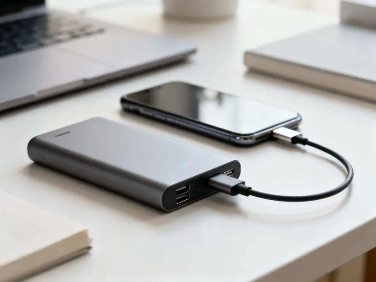 Powerbank podłączony do smartfona za pomocą przewodu USB-C