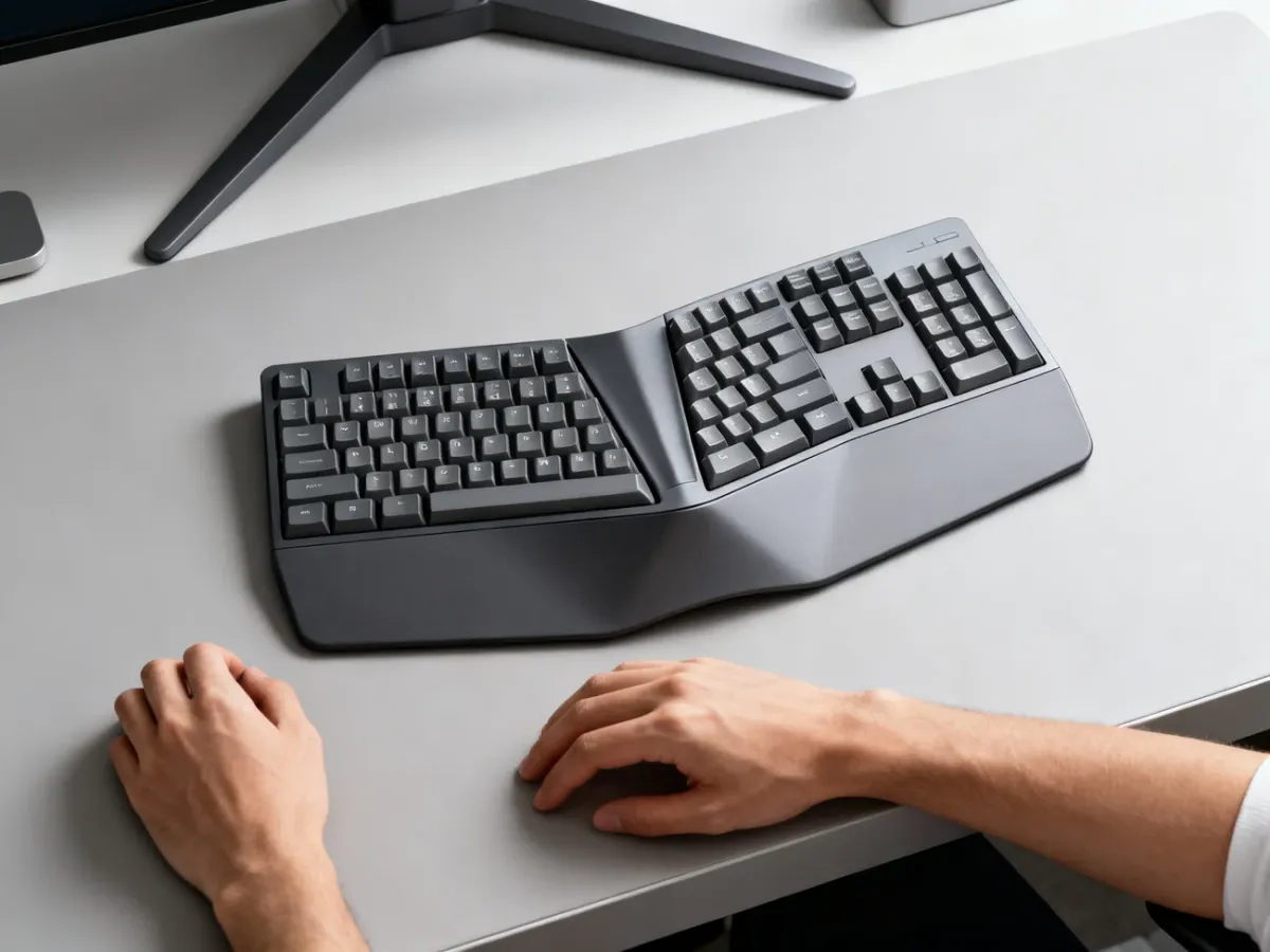 Dzielona klawiatura ergonomiczna ustawiona pod kątem na biurku