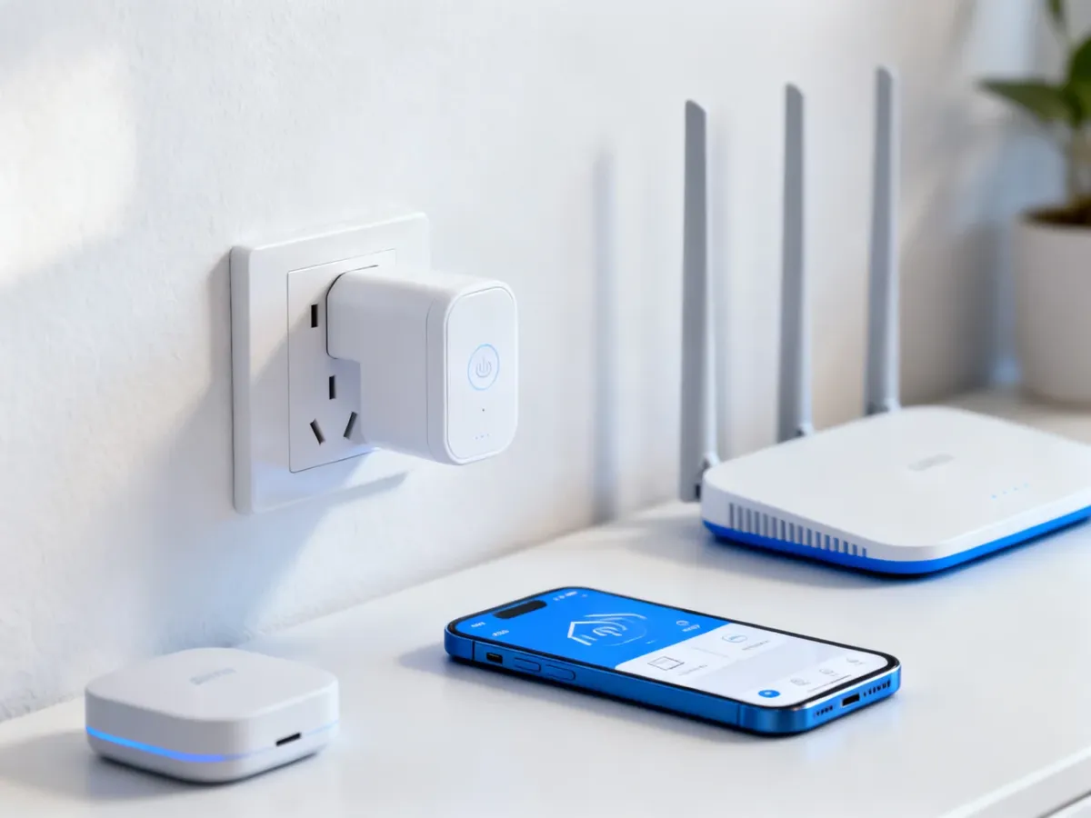 Inteligentne gniazdko, smartfon, router Wi-Fi i bramka Zigbee w nowoczesnym wnętrzu