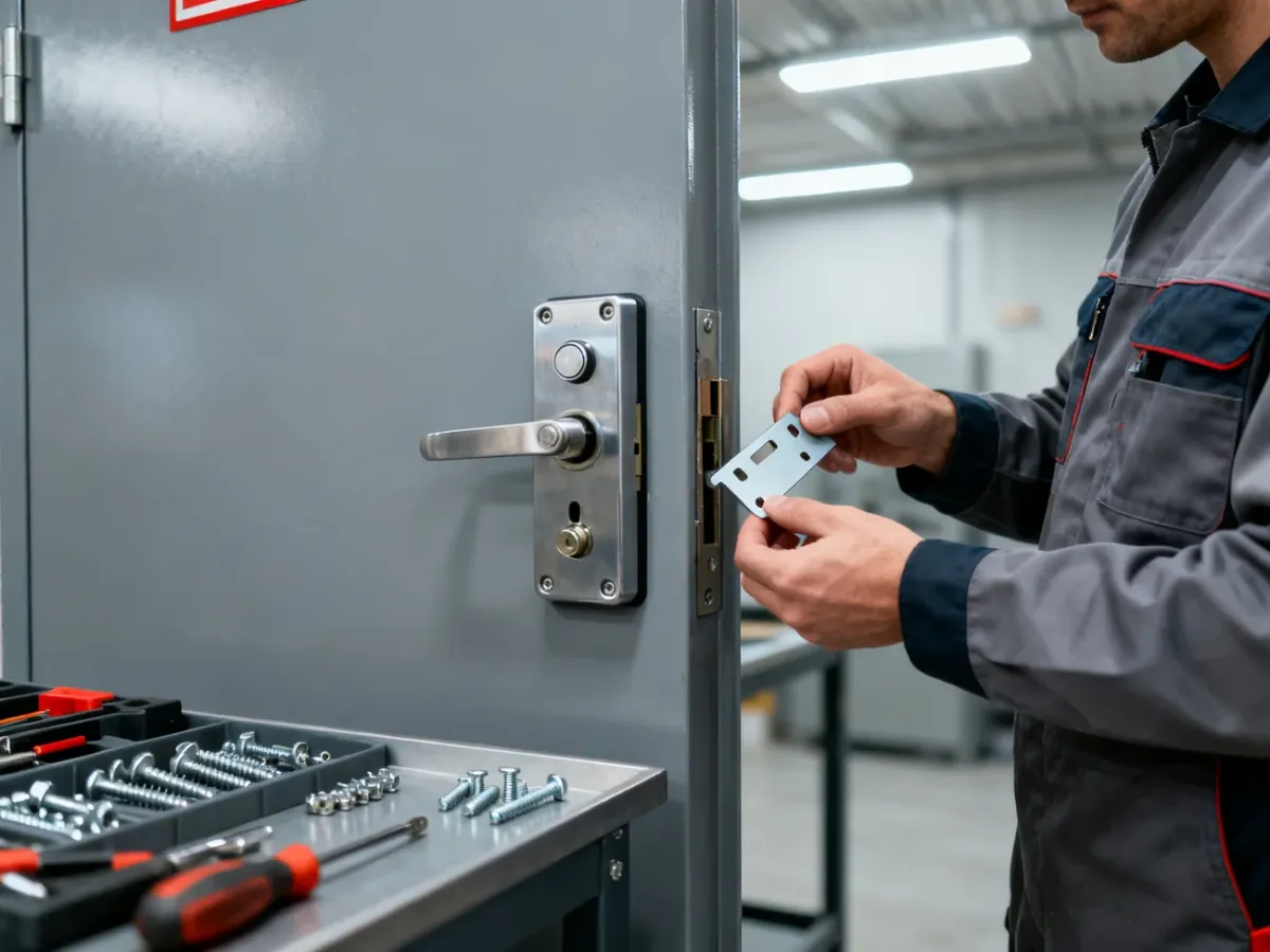 Instalator sprawdzający dobór uchwytu do zwory elektromagnetycznej przy drzwiach przeciwpożarowych