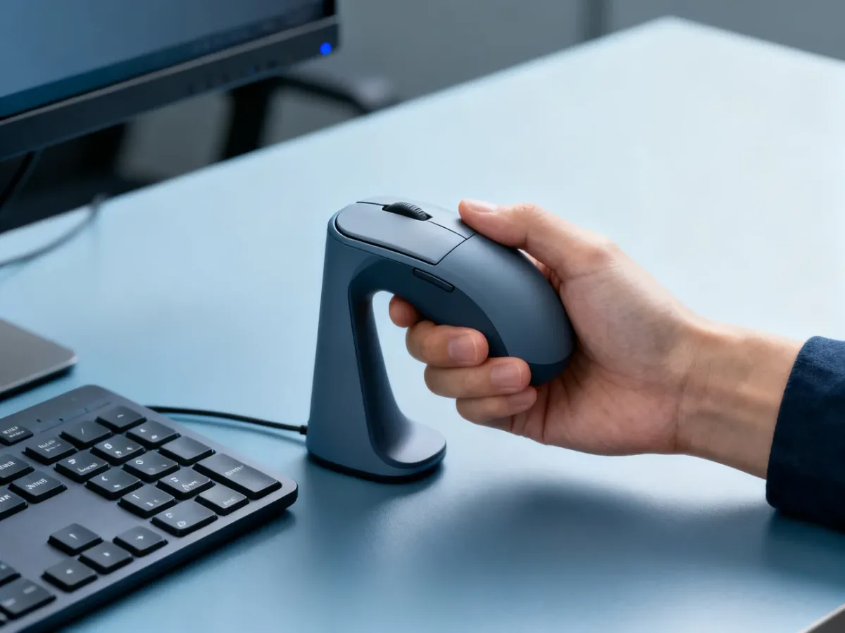 Dłoń trzymająca ergonomiczną mysz pionową na biurku