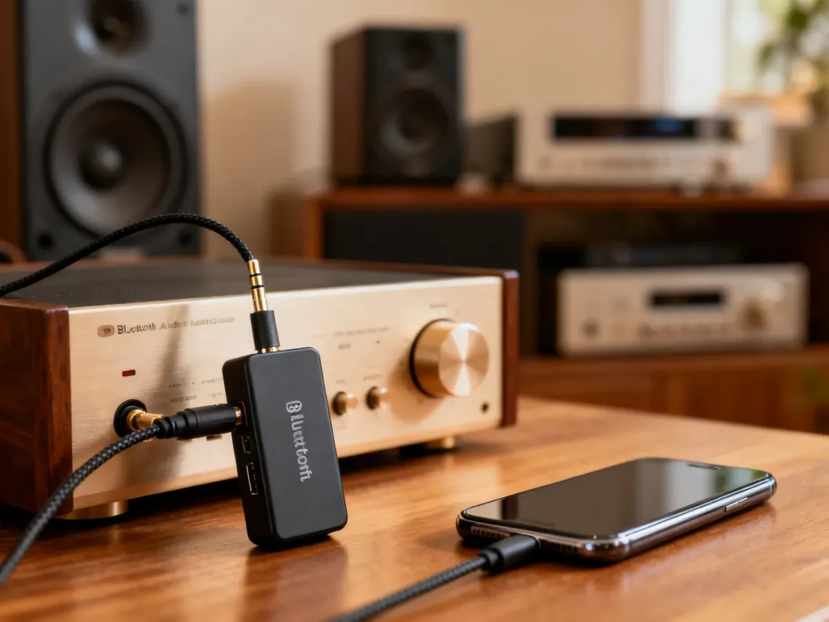 Adapter Bluetooth połączony ze starszym wzmacniaczem i smartfonem
