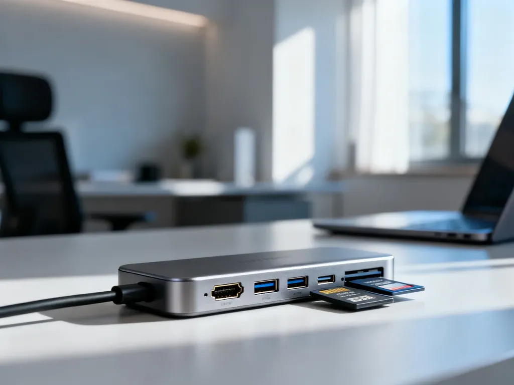 Nowoczesny hub USB-C z wieloma portami na minimalistycznym biurku, gotowy do podłączenia urządzeń w domowym biurze.