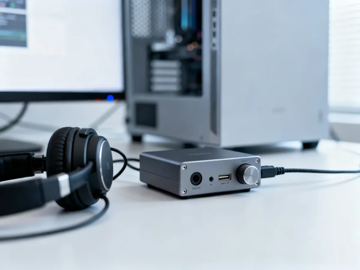 Zewnętrzny DAC USB ze słuchawkami obok komputera