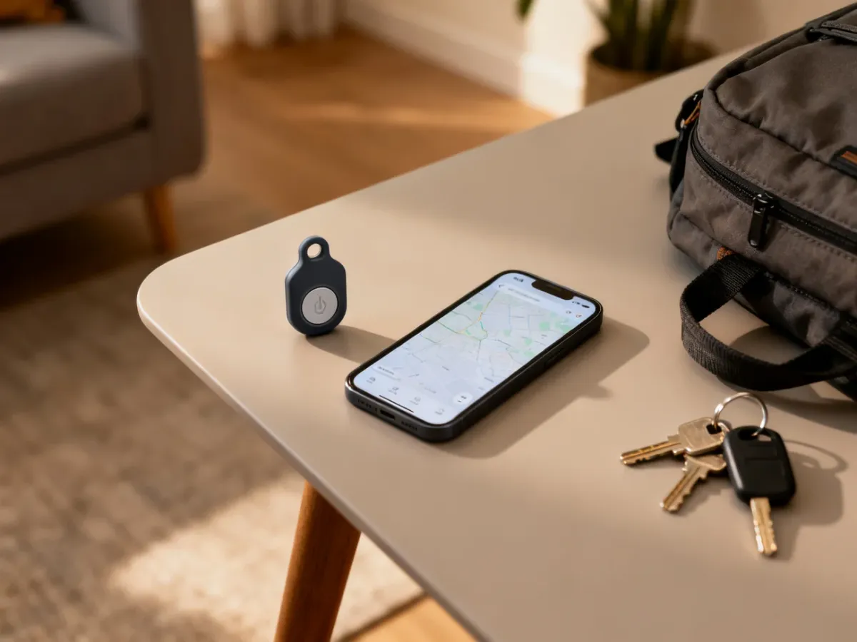 Tracker Bluetooth i smartfon obok kluczy oraz plecaka