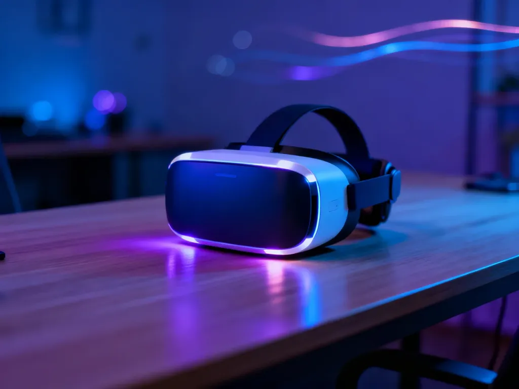 Nowoczesne gogle VR spoczywające na drewnianym biurku w otoczeniu cyfrowych świateł, symbolizujących wirtualną rzeczywistość.