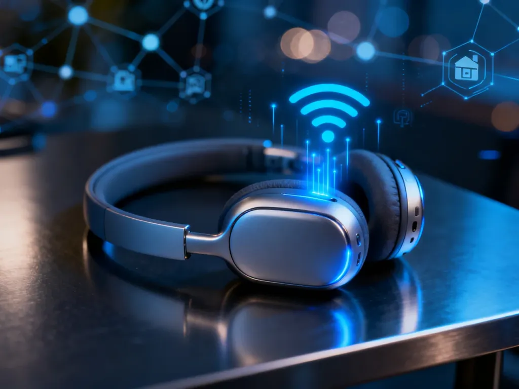 Nowoczesne słuchawki bezprzewodowe emitujące niebieskie światło, symbolizujące przesyłanie danych przez technologię Bluetooth.