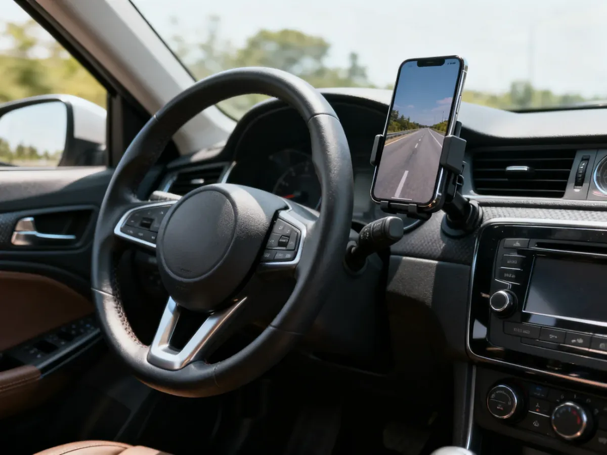 Bezpiecznie zamocowany telefon w kokpicie samochodu, bez zasłaniania widoczności