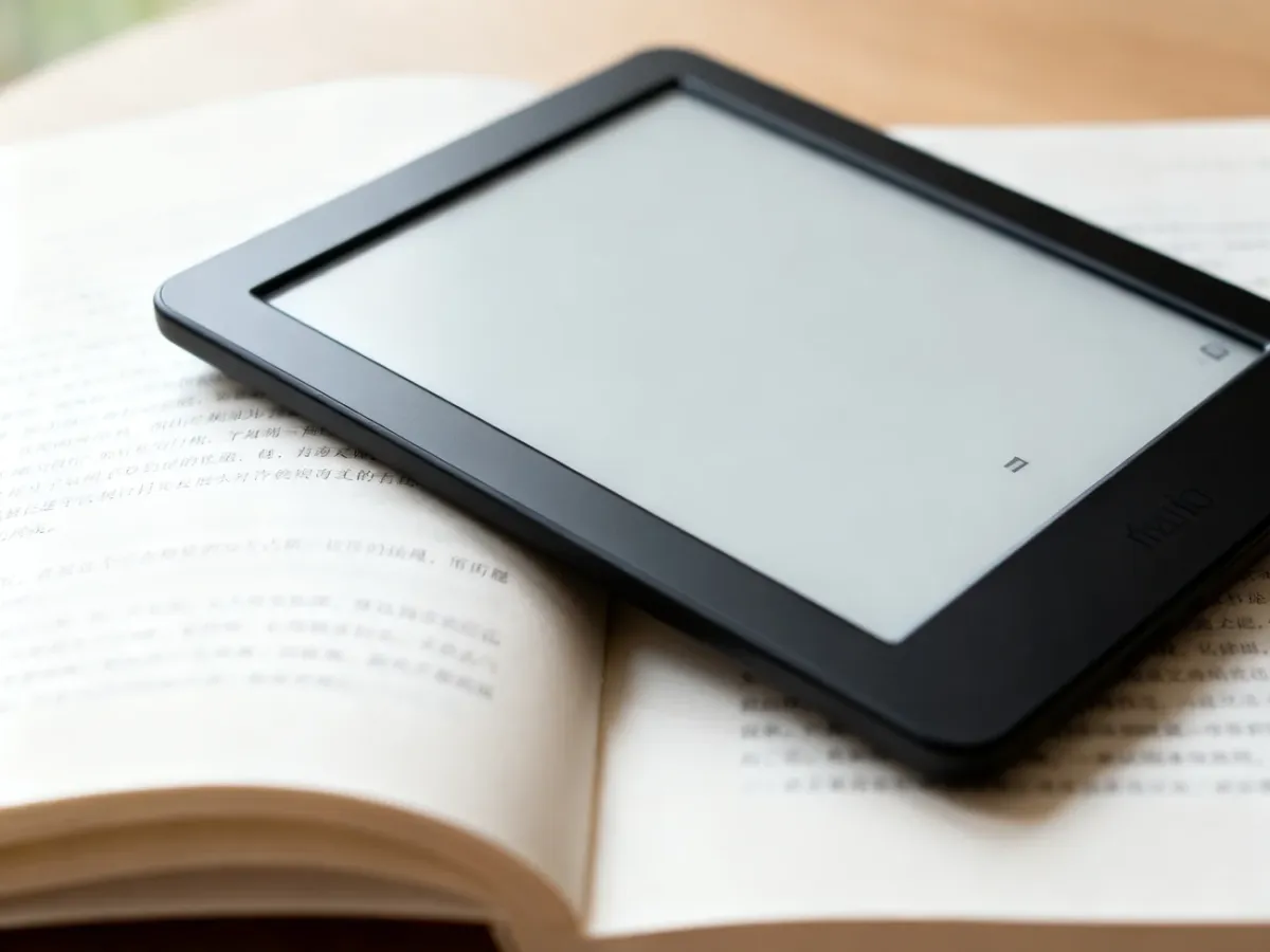 Czytnik e-booków leżący na otwartej papierowej książce