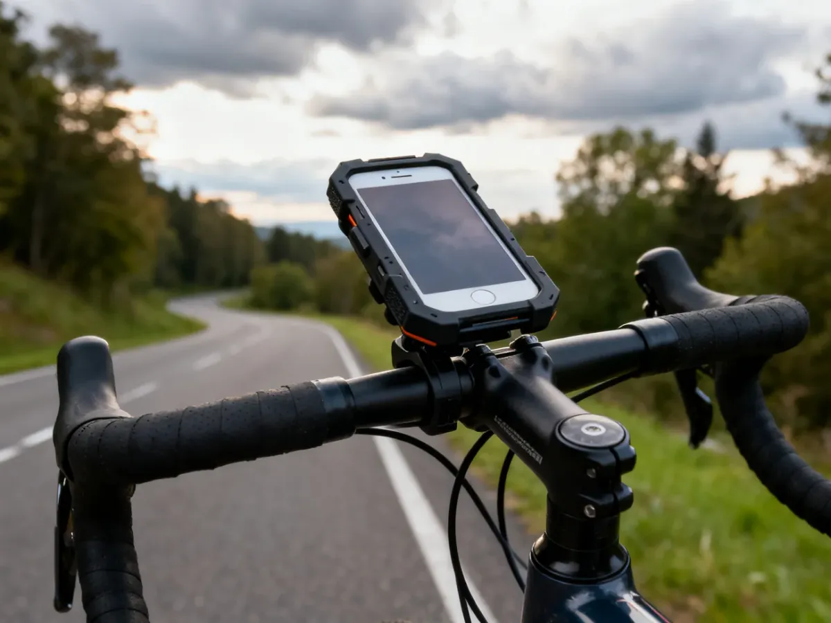 Smartfon w solidnym uchwycie zamontowanym na kierownicy roweru podczas jazdy