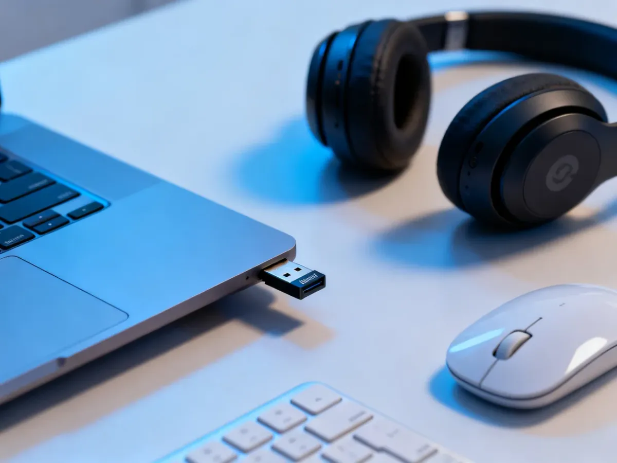 Adapter USB Bluetooth podłączony do laptopa obok bezprzewodowych akcesoriów