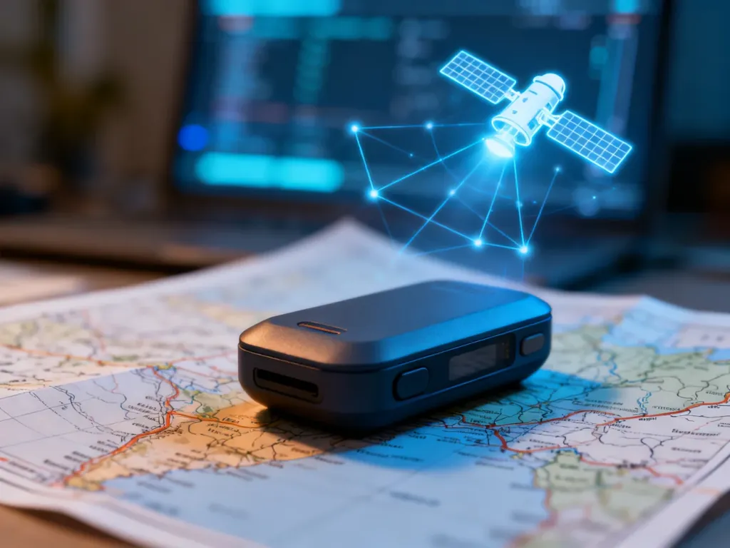 Nowoczesny lokalizator GPS leżący na papierowej mapie, symbolizujący połączenie tradycyjnej nawigacji z technologią cyfrową.