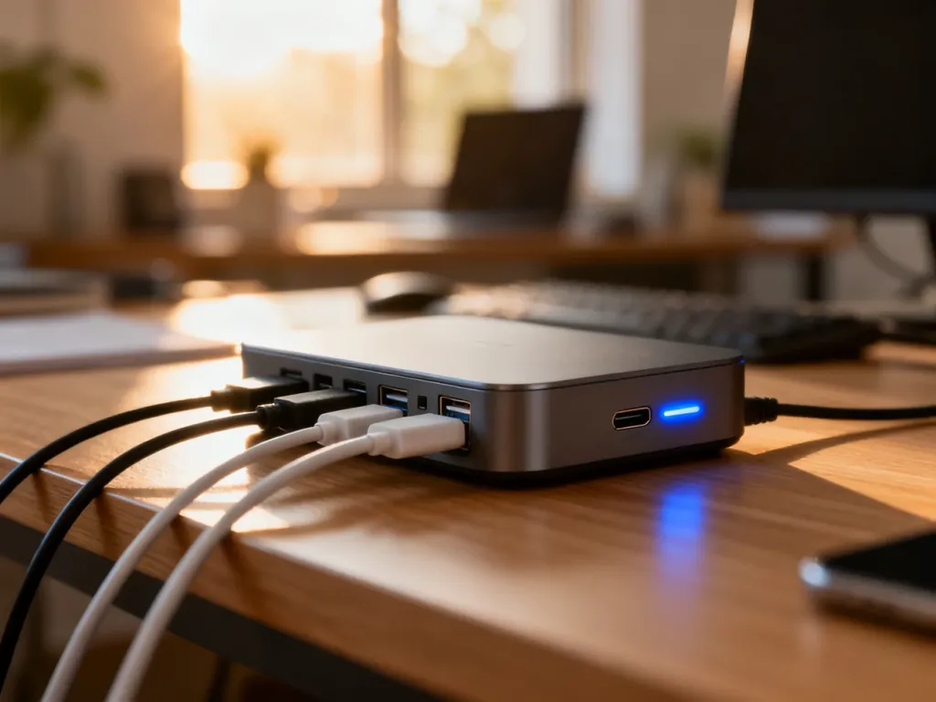 Nowoczesna stacja ładująca USB-C z podłączonymi kablami na drewnianym biurku, gotowa do zasilania urządzeń.