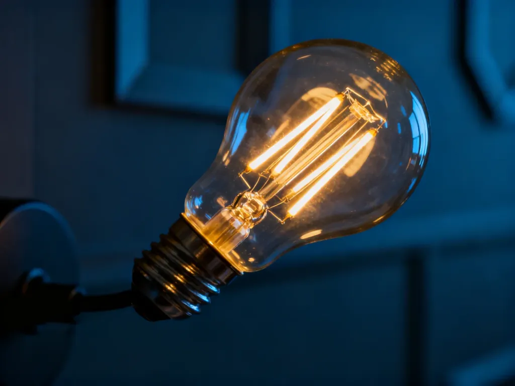 Nowoczesna inteligentna żarówka z widocznymi filamentami LED, emitująca ciepłe światło w minimalistycznym wnętrzu.