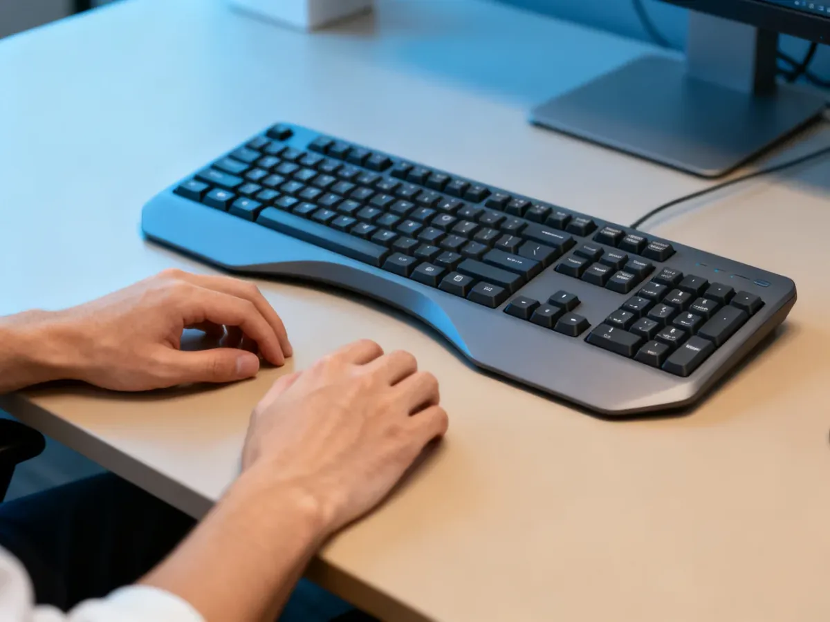 Ergonomiczna klawiatura na biurku z dłońmi ułożonymi w naturalnej pozycji