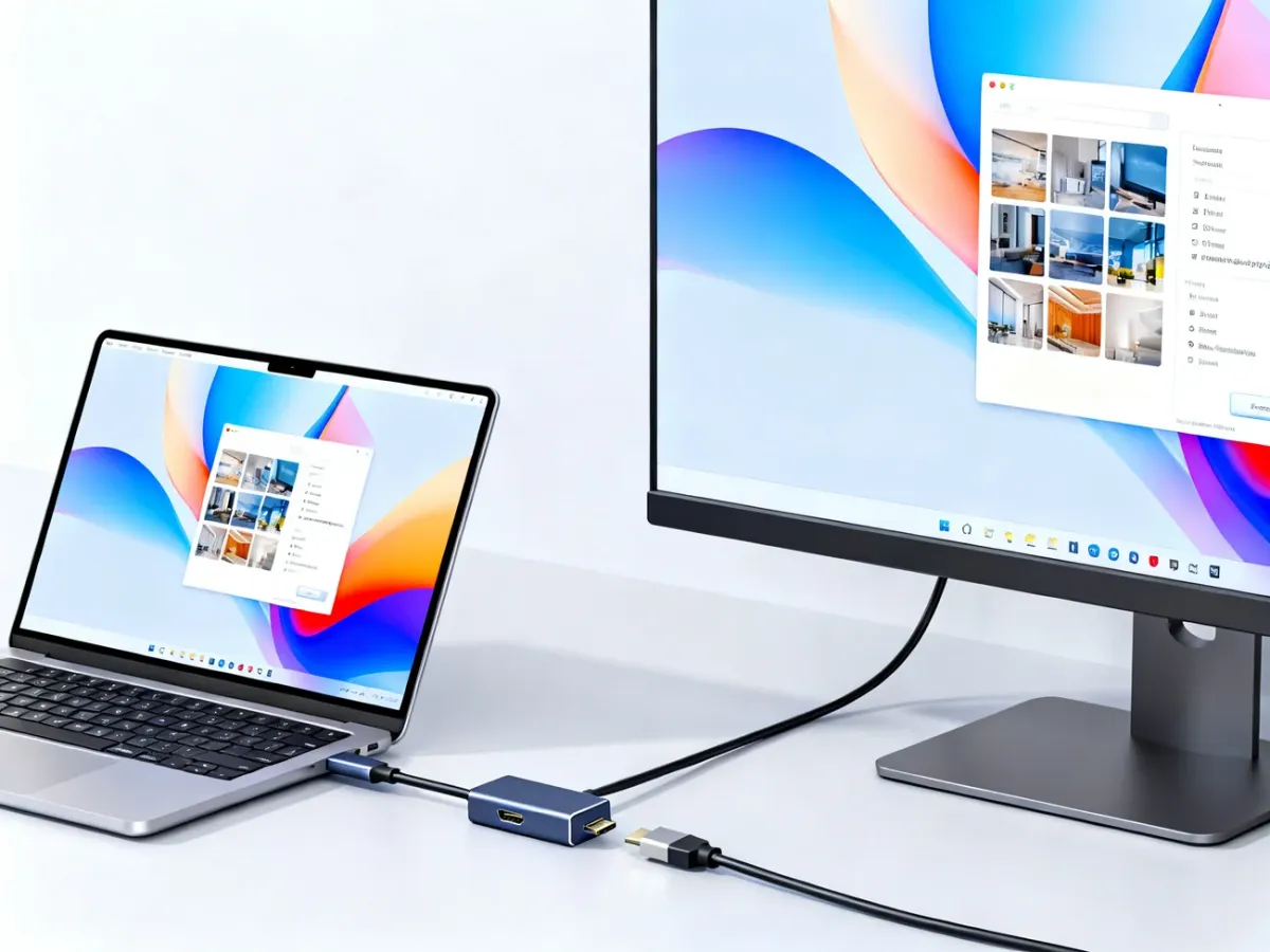 Laptop podłączony adapterem USB-C do zewnętrznego monitora