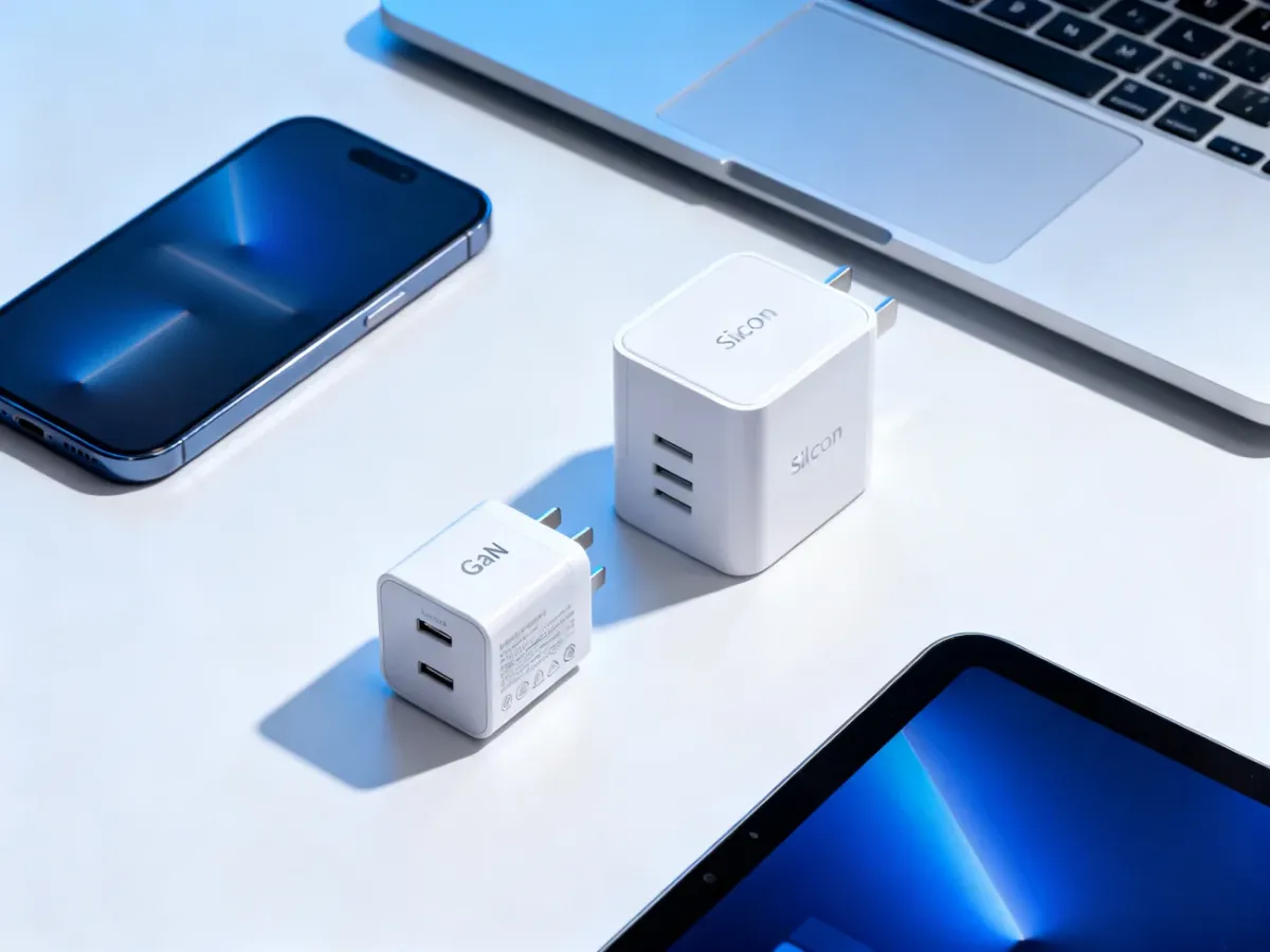 Kompaktowa ładowarka GaN obok większej tradycyjnej ładowarki i urządzeń elektronicznych